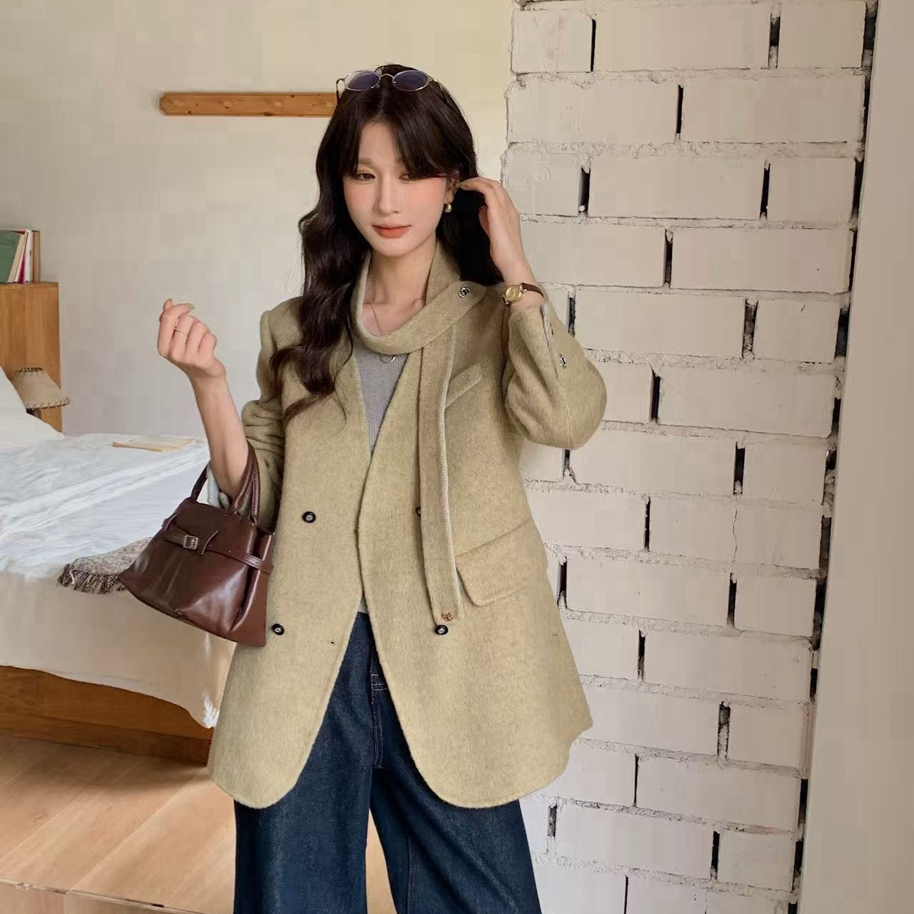 多多设计毛高级感羊毛外套(配可拆卸领带)(含90羊毛)KM3616599