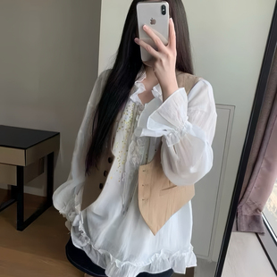 多多夏上新高级亚麻重工烫钻荷叶领上衣小衫 3722