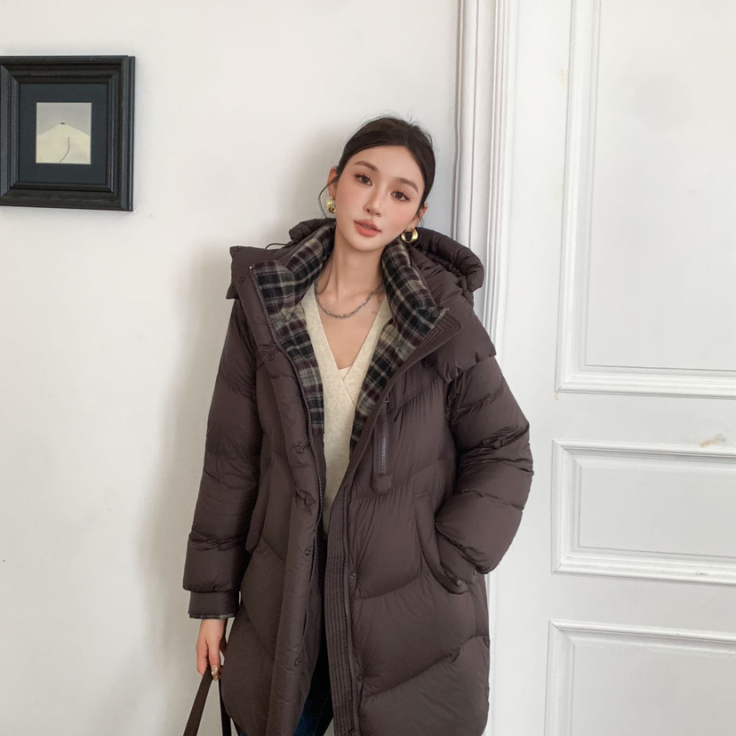 多多纹拼接宽松中长款保暖羽绒服外套YS2-677
