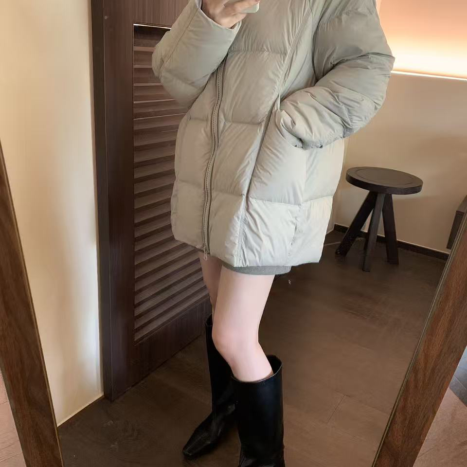 多多韩系简约基础百搭中长款连帽保暖羽绒服外套25770