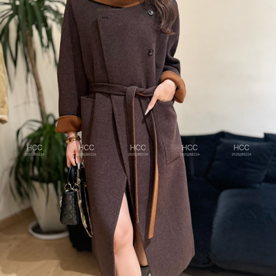 多多赫本风翻领宽松长款大气羊毛外套配腰带含70.3羊毛3-18