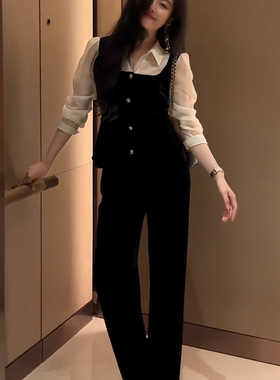 多多店6年早春上新假两件丝绒衬衫+阔腿裤休闲裤两件套套装Js094