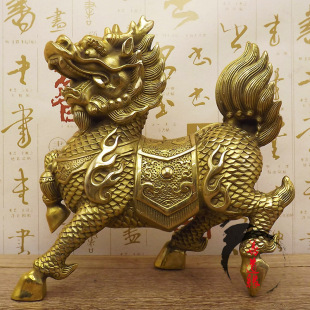 铜麒麟 铜工艺品 黄铜财福麒麟一对招财客厅家居装饰品办公室摆件
