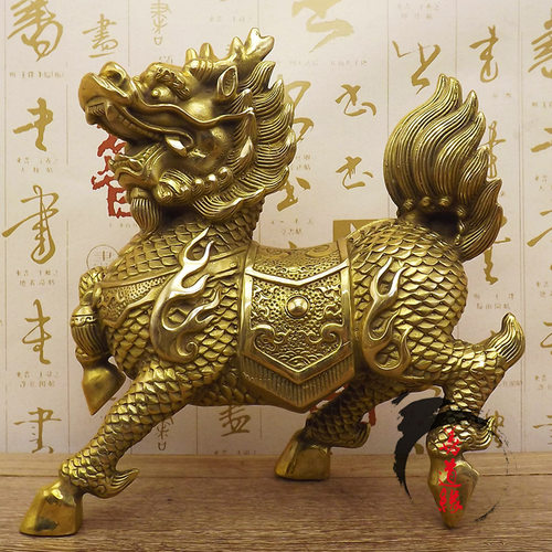 铜麒麟 铜工艺品 黄铜财福麒麟一对招财客厅家居装饰品办公室摆件