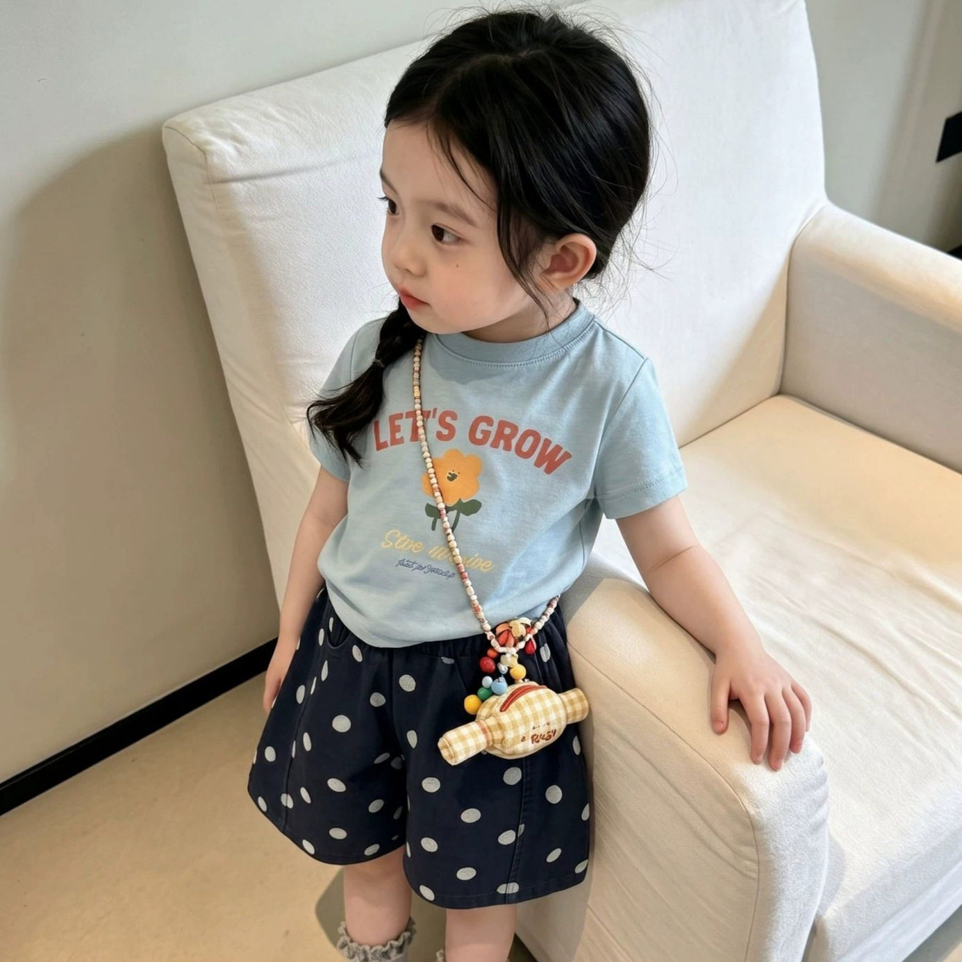 粉梦境女童夏季套装宝宝洋气波点儿童运动套装