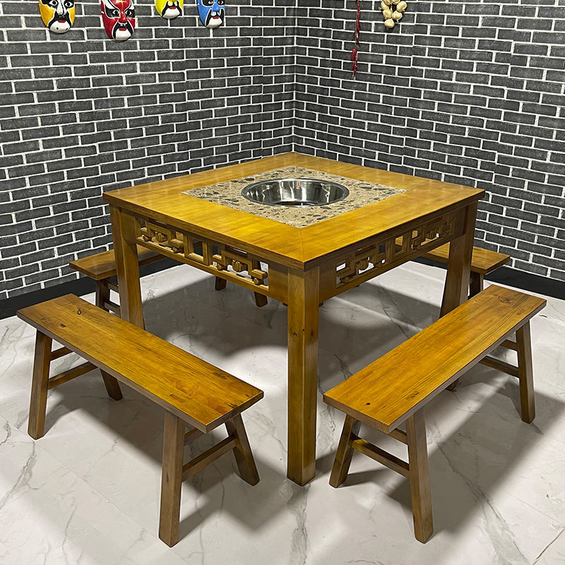 特价包邮实木大理石方桌商用火锅桌煤气灶电磁炉一体火锅桌椅组合