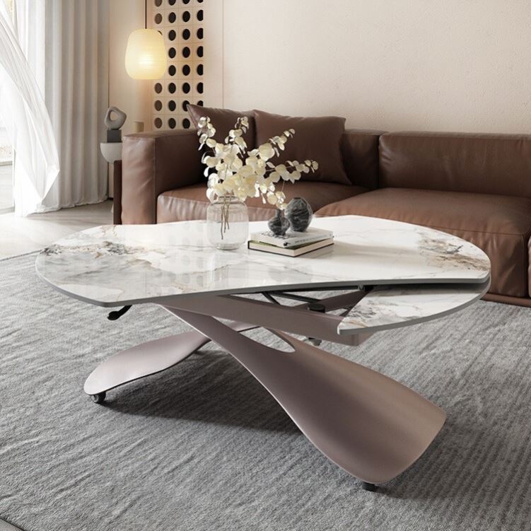 轻奢现代升降茶几餐桌两用客厅家用小户型折叠旋转可变圆桌岩板桌