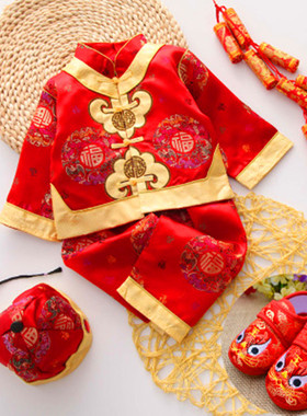 宝宝唐装秋装一周岁男童婴儿童新年春季女幼儿红色喜庆满月百岁服