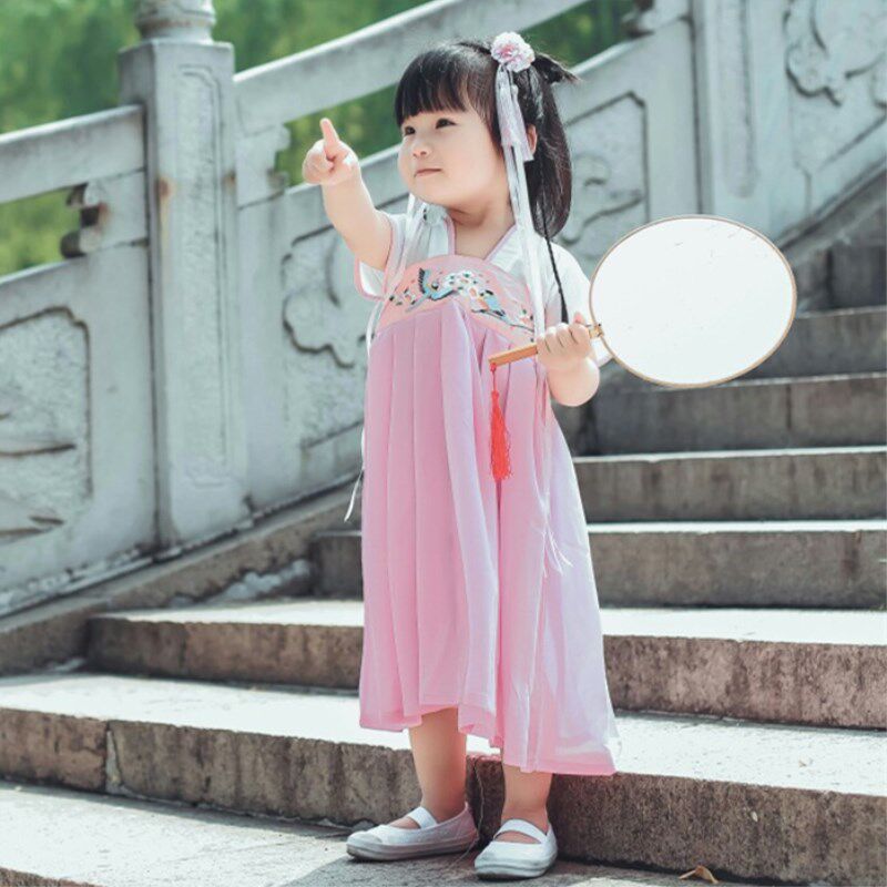 2025汉服童夏女童宝宝雪纺假两件刺绣抹胸襦裙古风连衣裙旗袍唐装