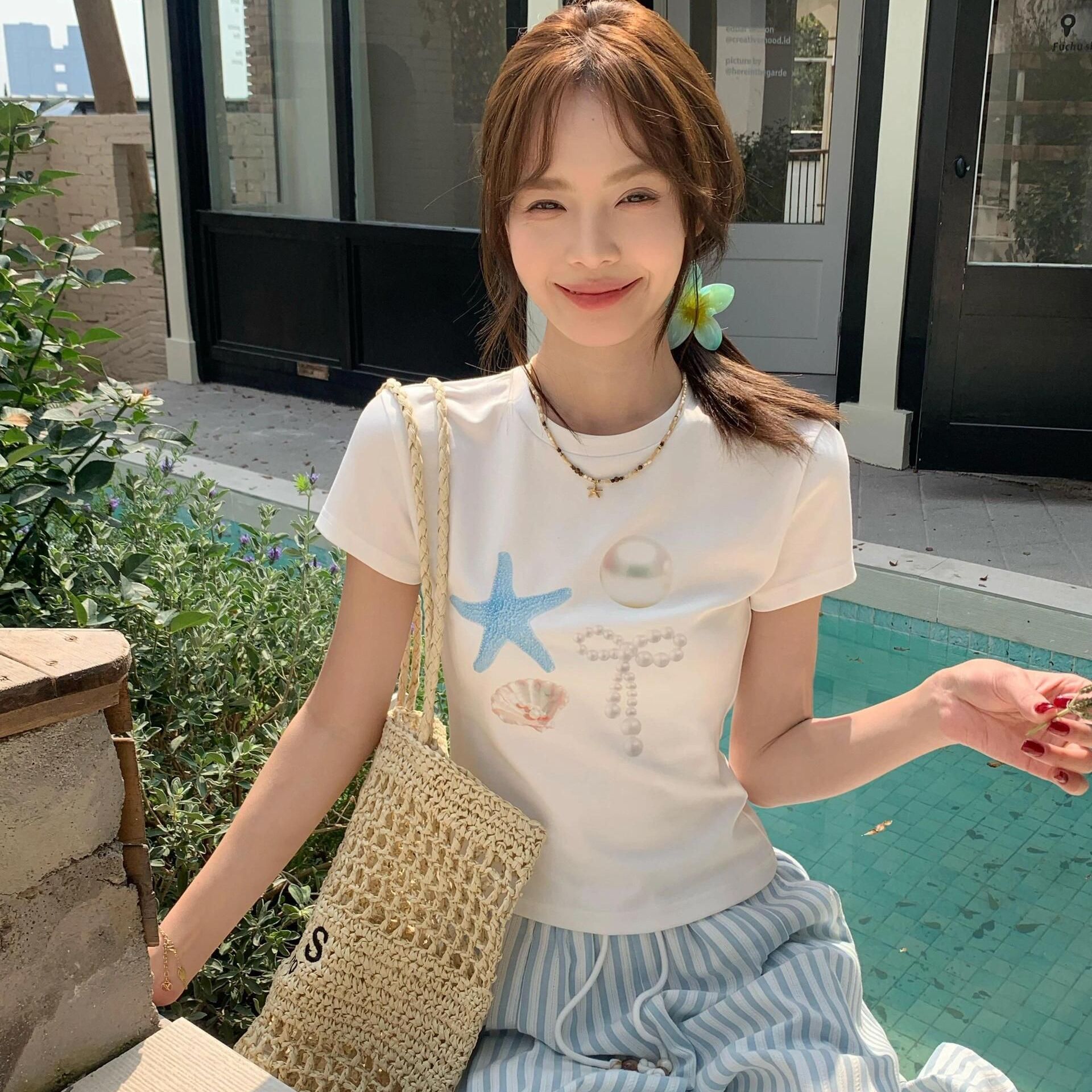 純棉美式辣妹蝴蝶結(jié)印花短袖T恤女夏季好看正肩修身顯瘦洋氣上衣