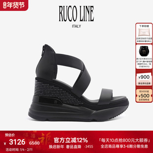 Ruco Line如卡莱意大利水钻皮革女露趾坡跟凉鞋防水台10cm增高鞋