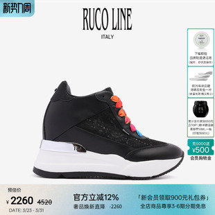 女牛皮厚底鞋 Ruco Line如卡莱奢华黑色蕾丝网面透气内增高休闲鞋