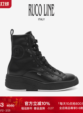 Ruco Line如卡莱意大利奢华黑色牛皮马丁靴女厚底短筒靴5cm增高鞋