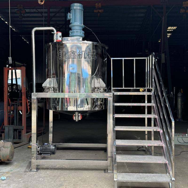 东莞日化液体膏霜乳化均质搅拌罐夹套加热搅拌机带操作平台反应釜
