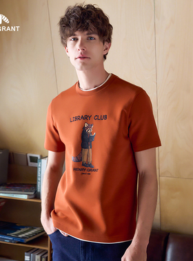 亨利格兰小熊猫秋季新品 男时尚百搭短袖圆领t恤针织潮流印花上衣