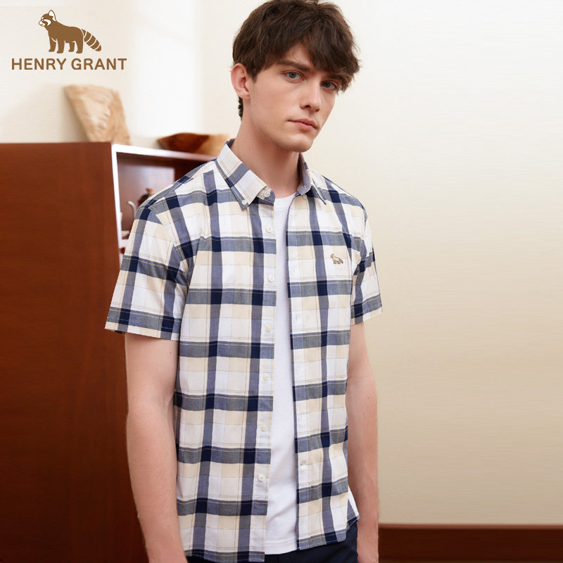 亨利格兰小熊猫男装夏季新品商务休闲男友风复古格纹短袖衬衫外套