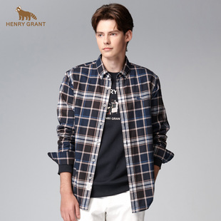衬衫 男复古休闲格子纹长袖 纯棉翻领百搭衬衣外套 新品 亨利格兰秋季