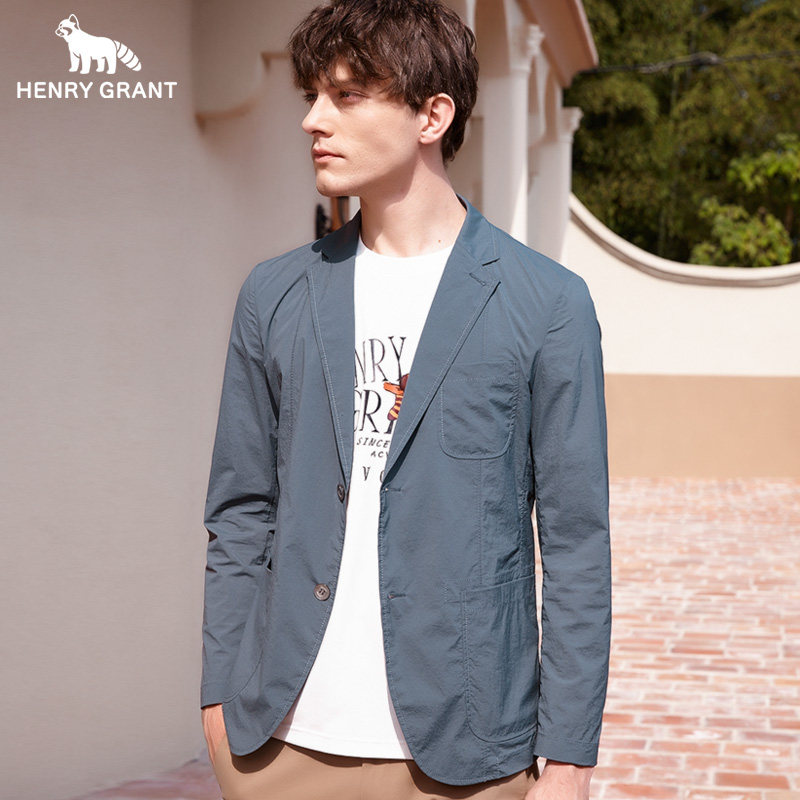 亨利格兰小熊猫男装春秋新款男英伦休闲单排扣便西平驳领西装外套