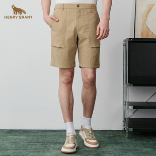 百搭舒适短裤 亨利格兰夏季 卡其色直筒沙滩裤 南英伦休闲五分裤 新品