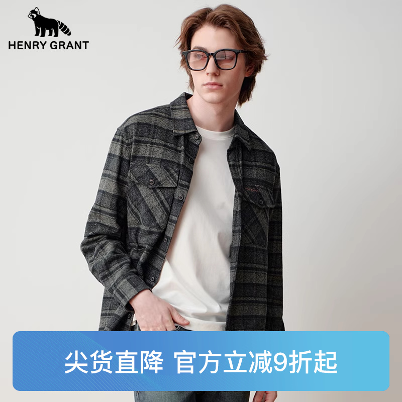 亨利格兰小熊猫秋季新品男日系复古休闲长袖衬衫厚款港风毛呢外套