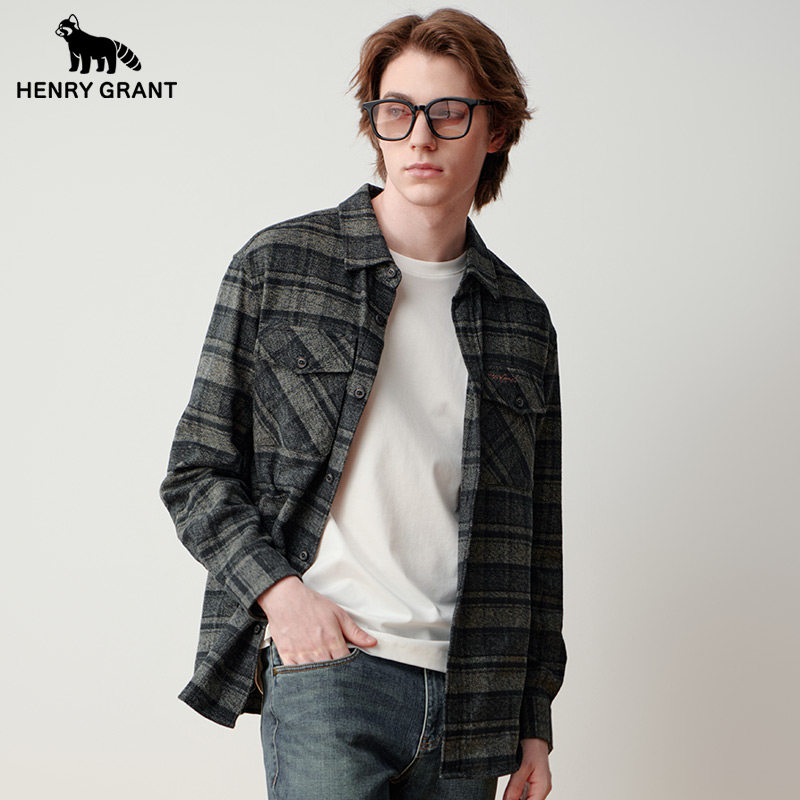 亨利格兰小熊猫秋季新品男日系复古休闲长袖衬衫厚款港风毛呢外套