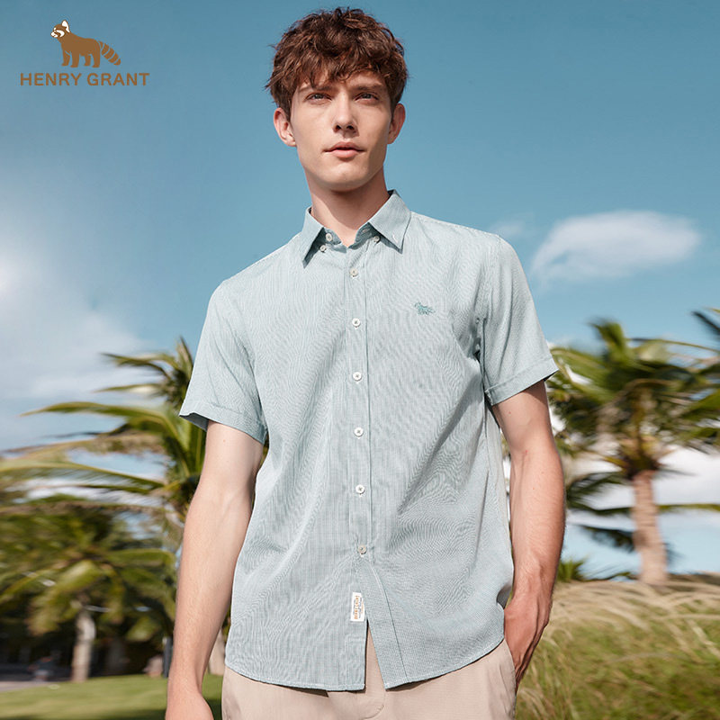 亨利格兰小熊猫夏季新品男英伦休闲条纹尖领短袖衬衫轻薄时尚衬衣
