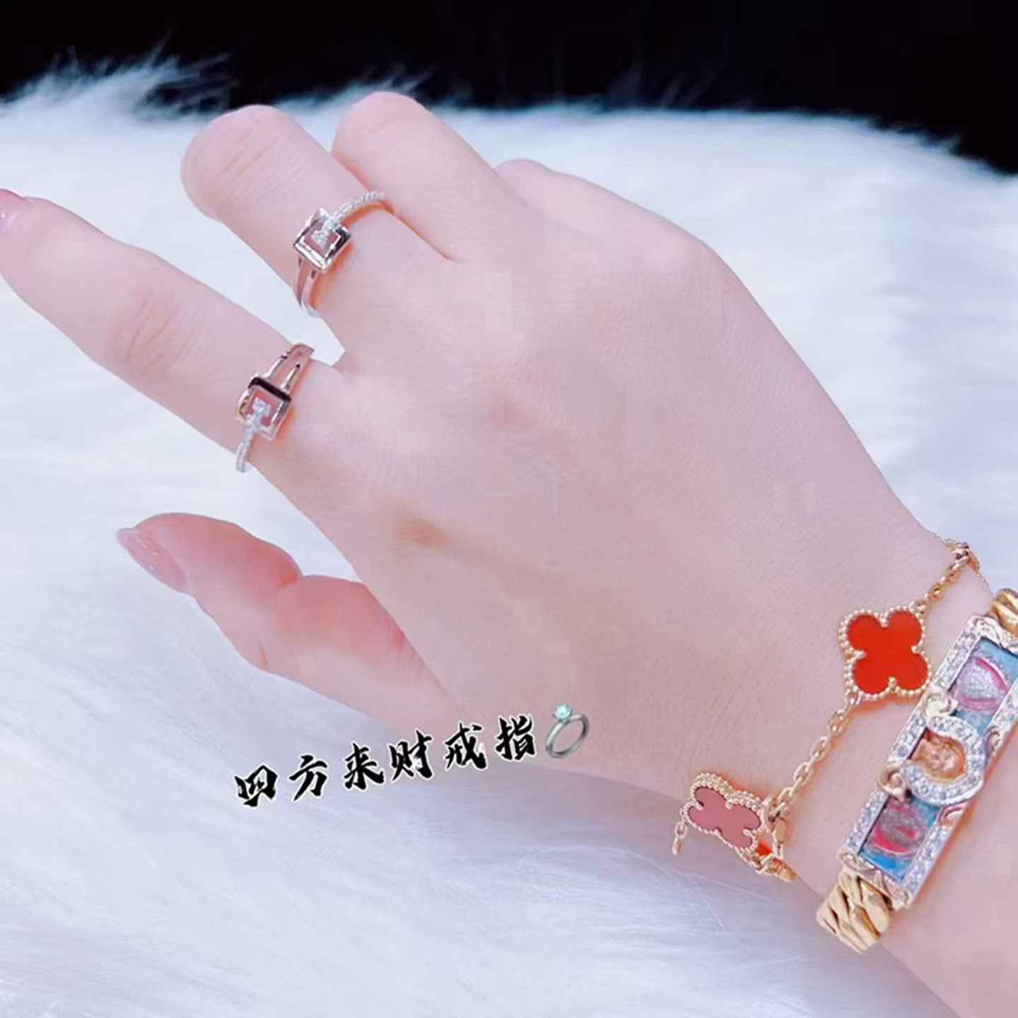 泰国正品四方来Money纯银水钻方形戒指指环七夕生日礼物