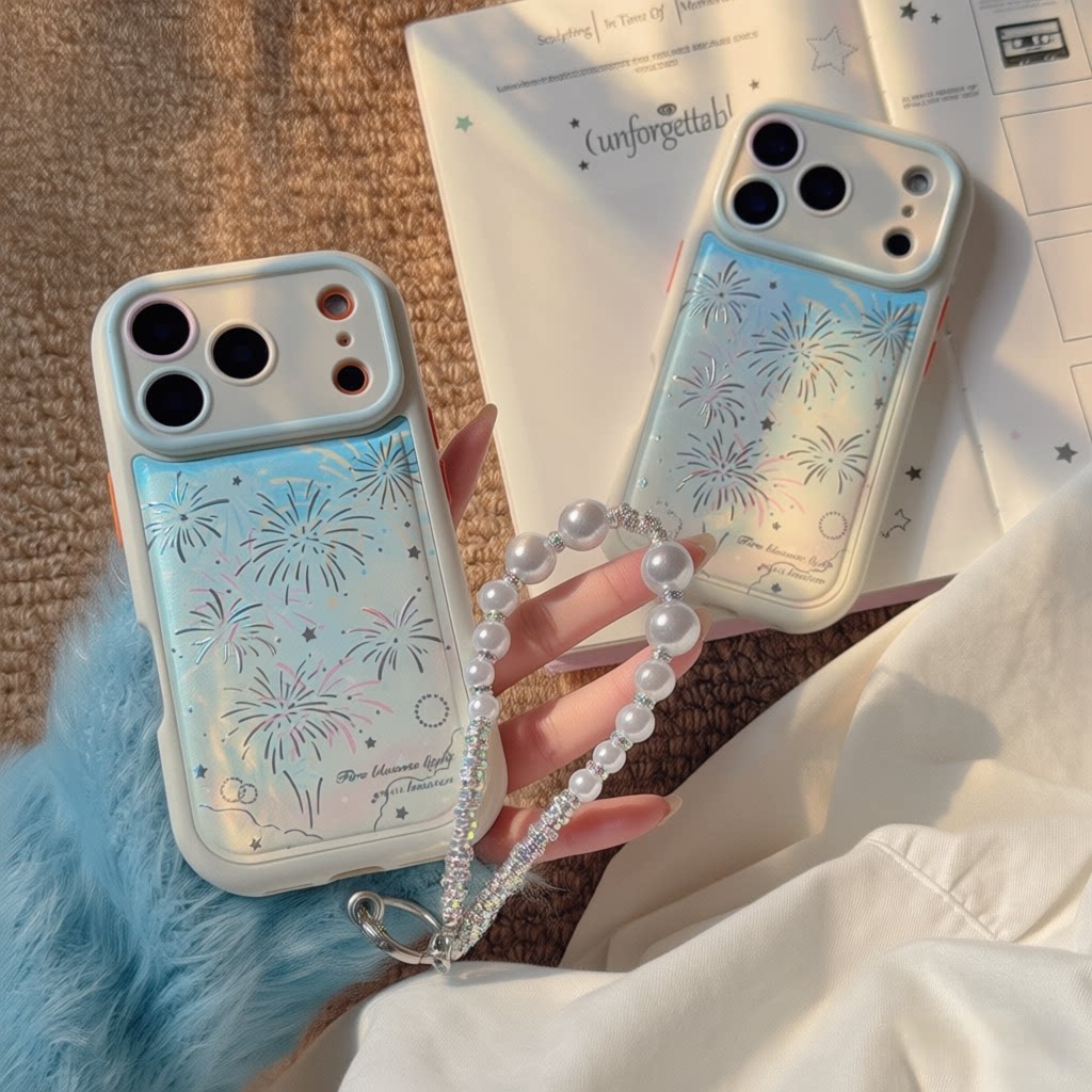 ins风淡蓝色璀璨烟花苹果17promax手机壳适用iPhone17pro皮纹精孔镜头全包防摔保护壳16带珍珠手链15软外壳14
