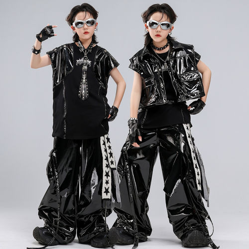 少儿街舞服装嘻哈儿童潮服酷帅男童时髦黑皮表演服套装男孩演出服