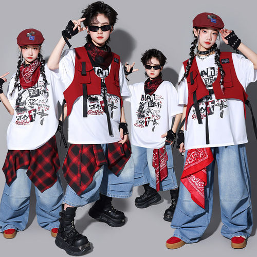 儿童牛仔hiphop街舞演出服男童嘻哈马甲套装潮少儿架子鼓表演服装