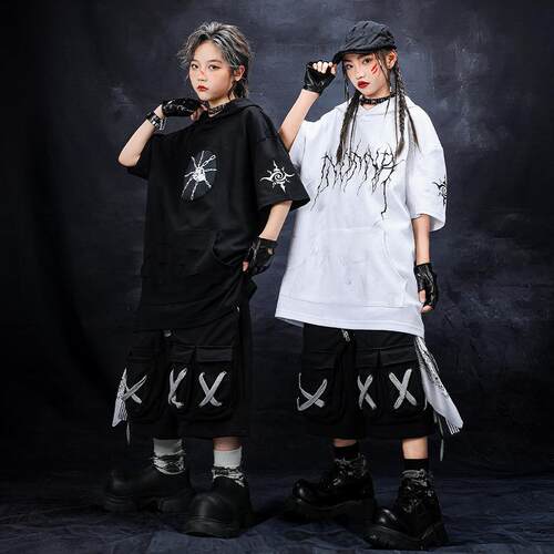 嘻哈童装潮牌街舞儿童潮服锁链裂纹男童黑白套装hiphop女童演出服