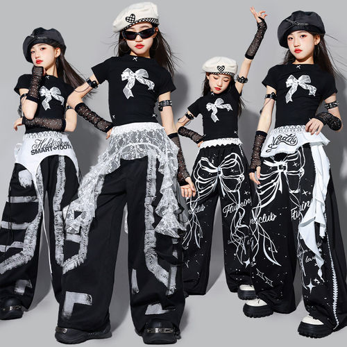 女童黑色爵士舞服装女孩jazz表演套装少儿裤子潮装儿童街舞演出服