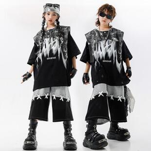 少儿街舞服装男童黑红破洞潮服套装酷帅女童嘻哈表演服儿童舞蹈服