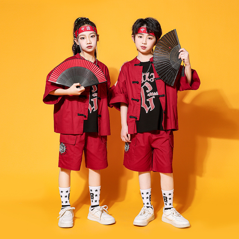 儿童表演服春夏季汉服短袖追风少年男童套装女童旗袍中大童演出服