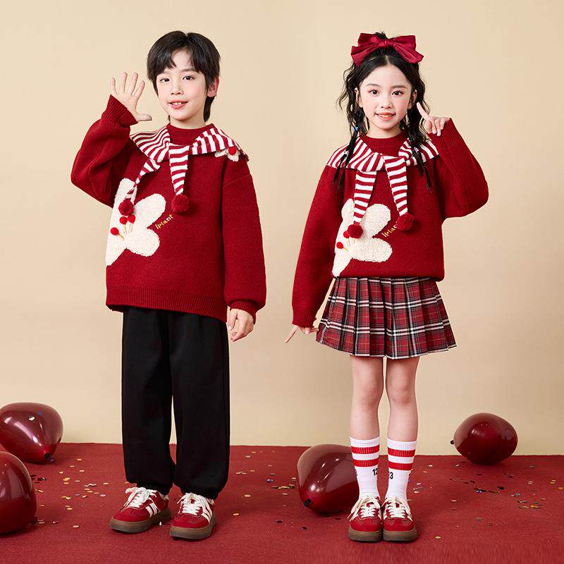 元旦儿童演出服合唱服表演服小学生花朵毛衣套装新年拜年服亲子装