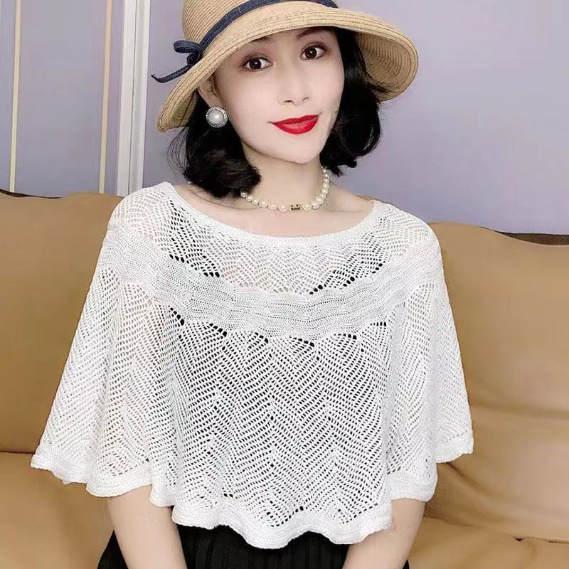 冰丝镂空套头披肩女夏季空调衫单色针织保暖护颈坎肩多用外搭围巾
