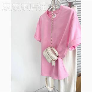 专柜奶油粉红色纯棉短袖t恤女2026夏季新款欧货宽松百搭纯色上衣