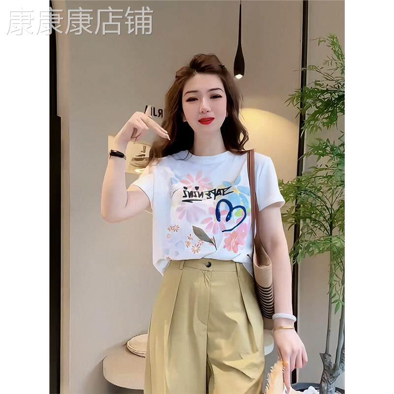 韩国时尚百搭减龄显瘦白色上衣夏季美式设计感正肩印花短袖T恤女