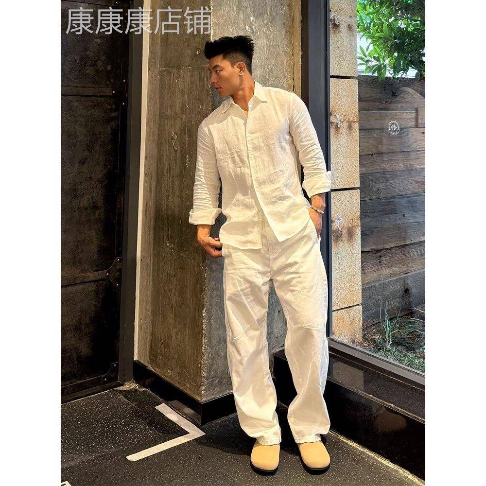 高端男款秋季白色老钱风亚麻衬衫套装莱赛尔棉麻裤子阔腿裤两件套