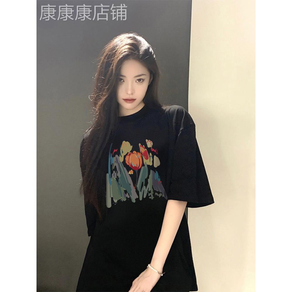 黑色短袖T恤女2026年夏款薄款港味复古宽松休闲印花半袖T恤上衣
