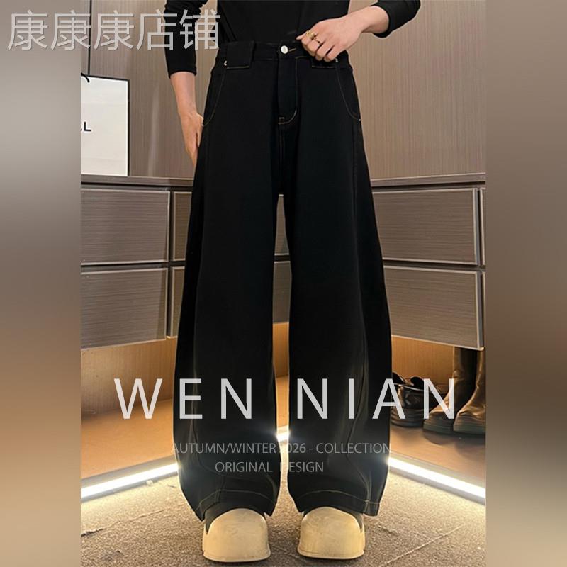 韩国WEN NIAN黑色丹宁弯刀牛仔裤男款2026春季阔腿裤宽松直筒长裤