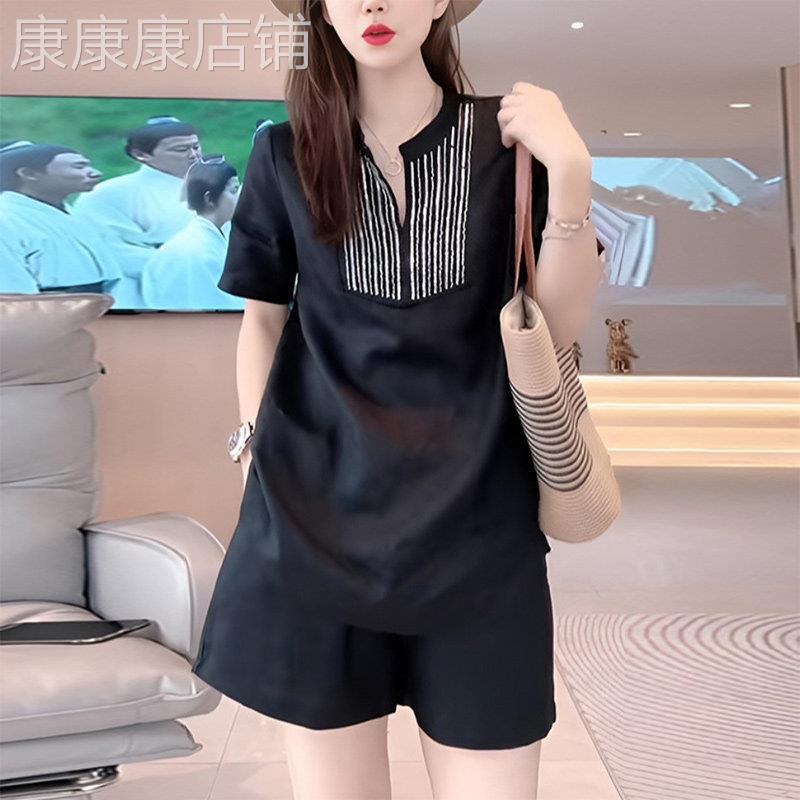 时尚休闲短裤套装女夏季薄款大尺码宽松显瘦短袖上衣洋派减龄两件