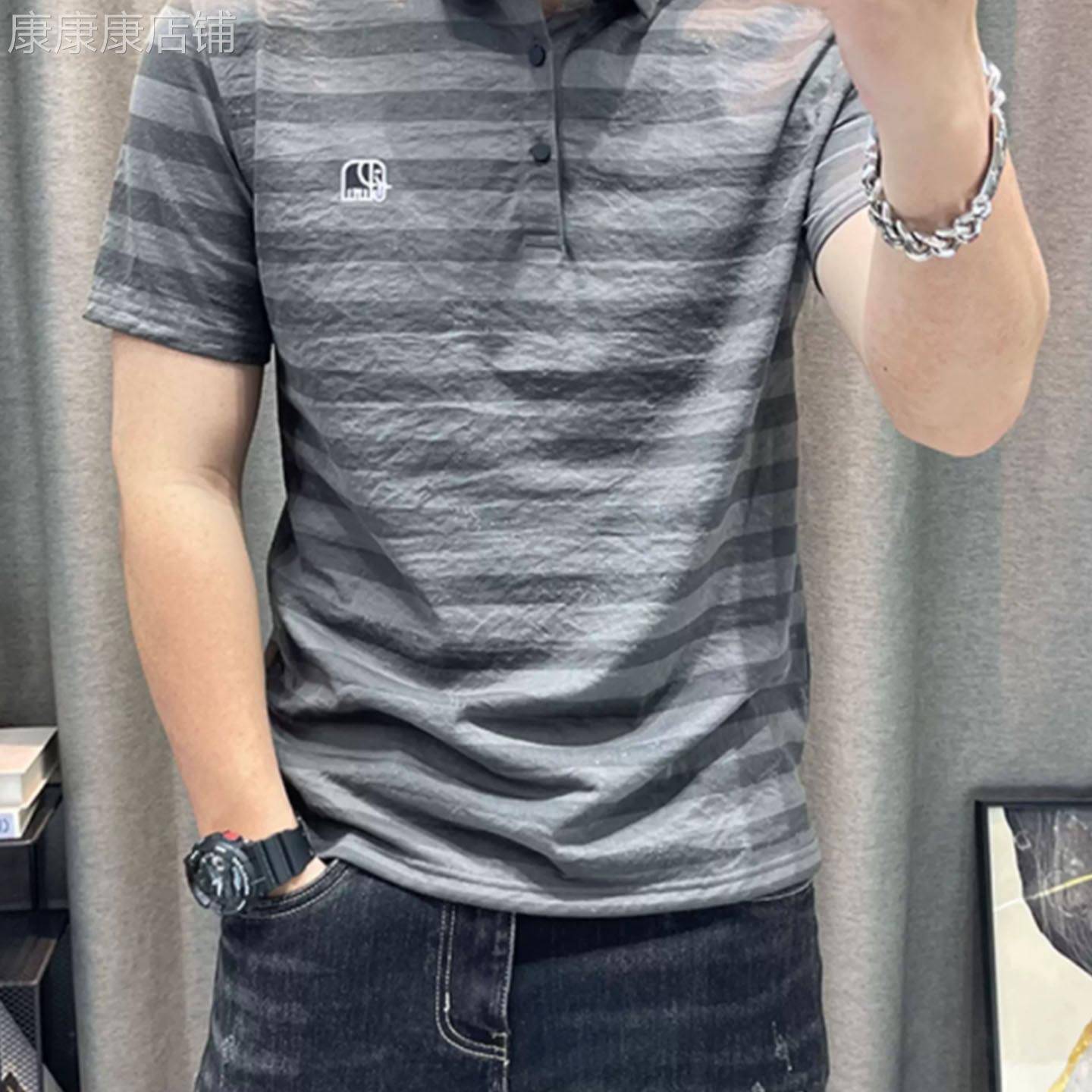 条纹短袖polo衫男士2026夏季新款麻料棉麻半袖T恤衫青年男装上衣