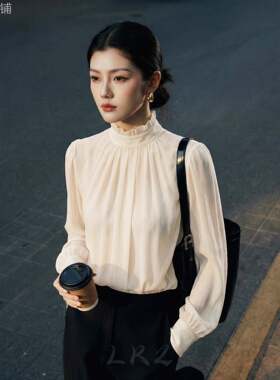 法式高级感立领衬衫女春季新款垂褶设计感灯笼袖白色简约上衣