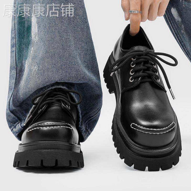 【高品质】2026新款厚底开口笑德比鞋男高级感黑色增高皮鞋大头鞋