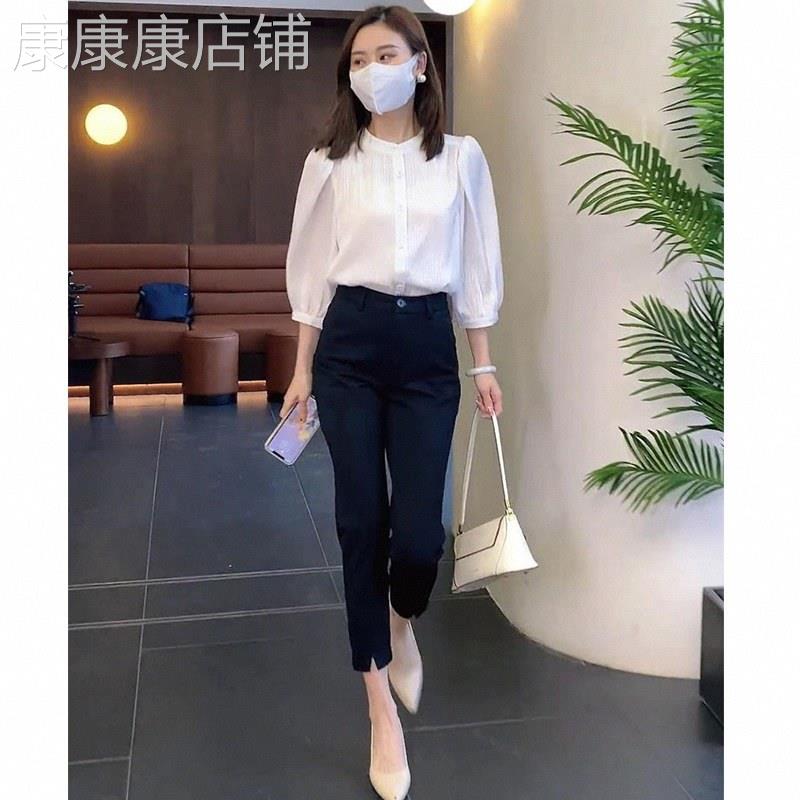 春秋套装女欧货七分泡泡袖职业衬衫薄款九分开叉小脚西装裤两件套
