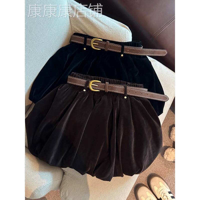 高级感咖色丝绒花苞半身裙女秋冬新款高腰显瘦小个子辣妹A字短裙