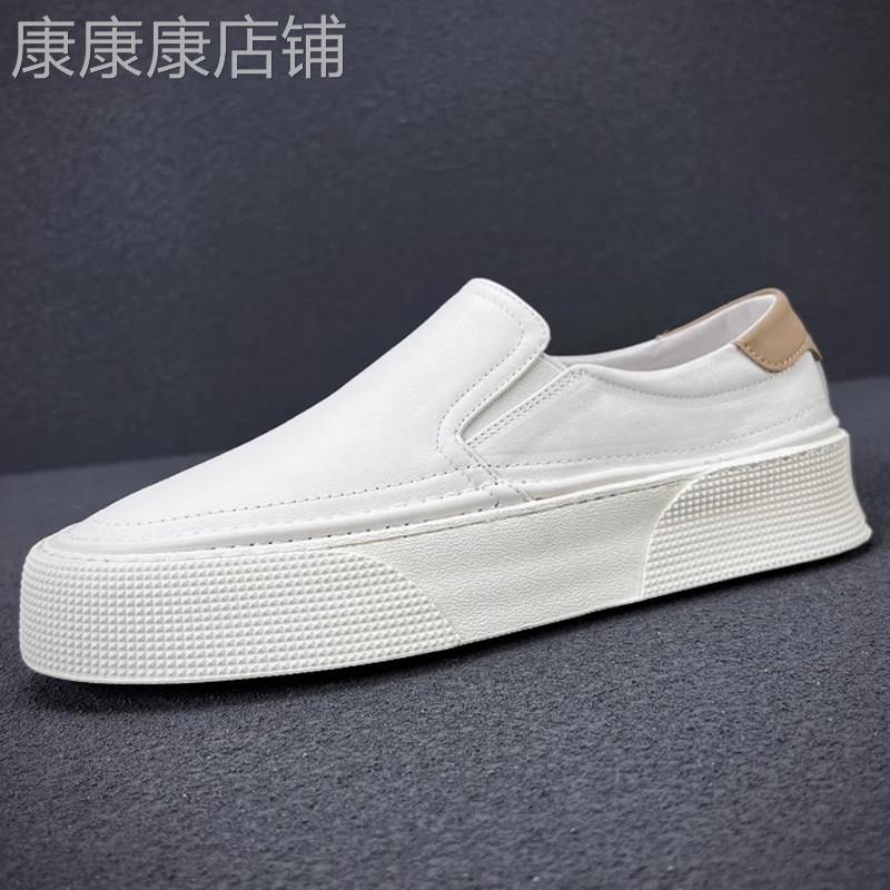 潮牌一脚蹬小白鞋男士百搭真皮透气休闲板鞋头层牛皮懒人乐福鞋子