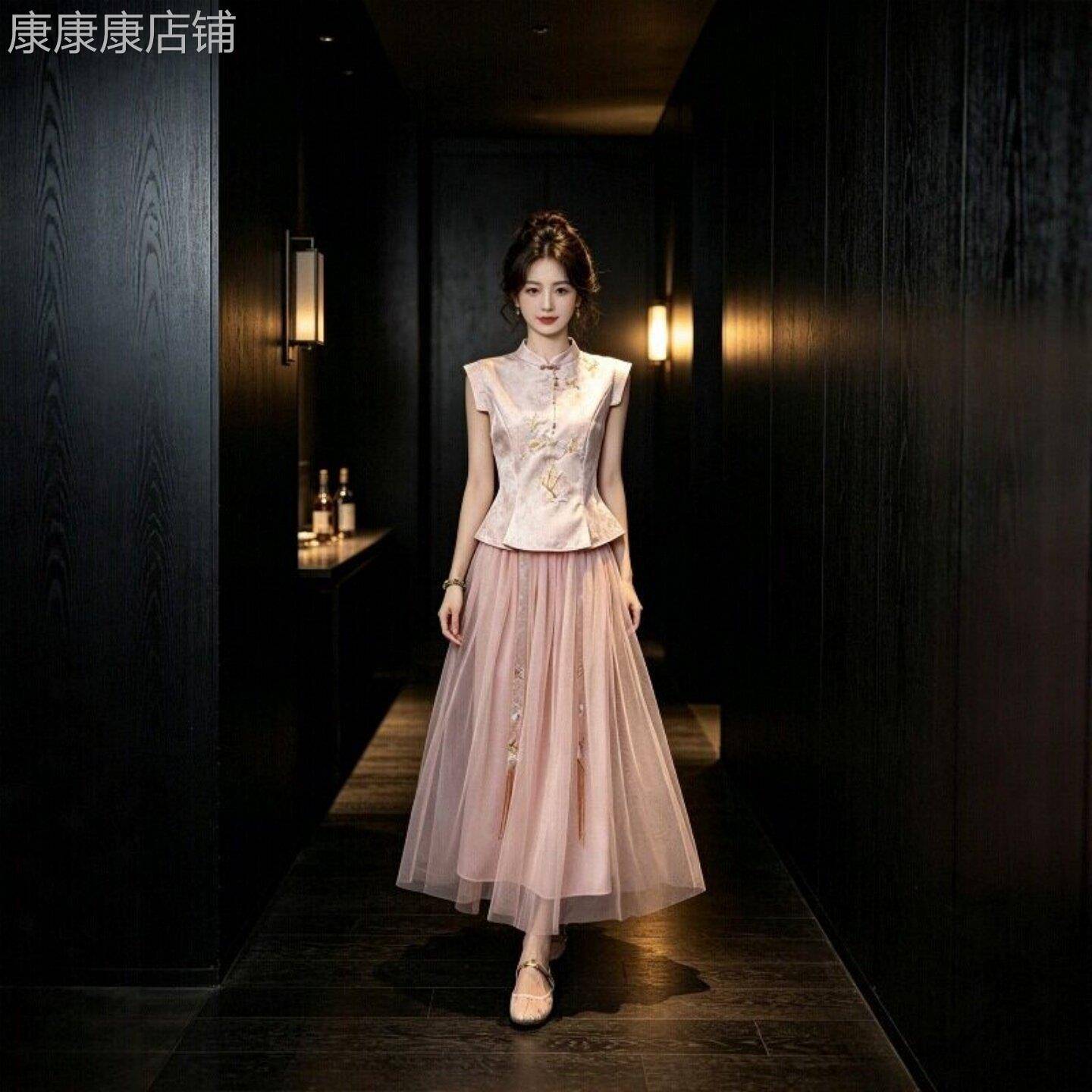 新中式国风套装女夏2026新款禅意粉色刺绣上衣网纱半身裙订婚礼服