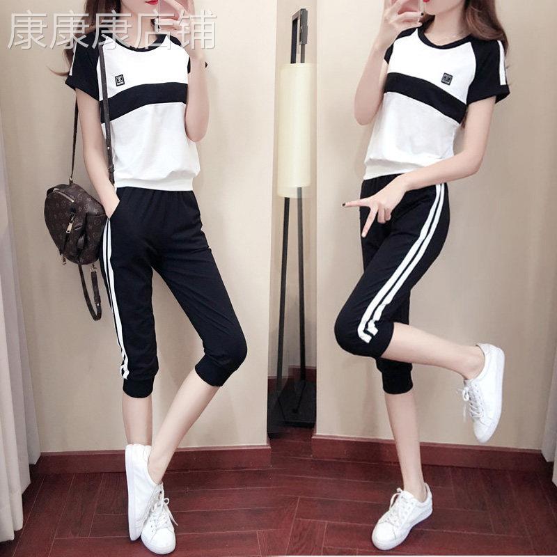 香港2025夏季新款运动套装女装修身短袖七分裤休闲服跑步两件套潮